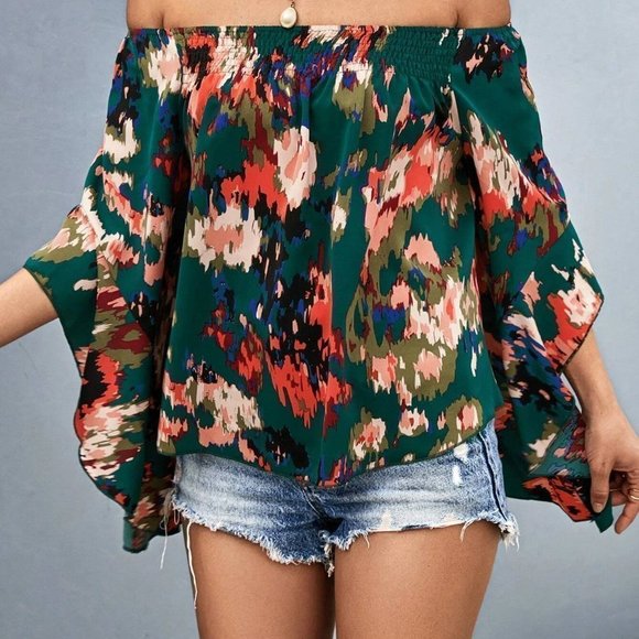 Dark Green Boho Womens Allover Print Off Shoulder Blouse - Picture 5 of 5